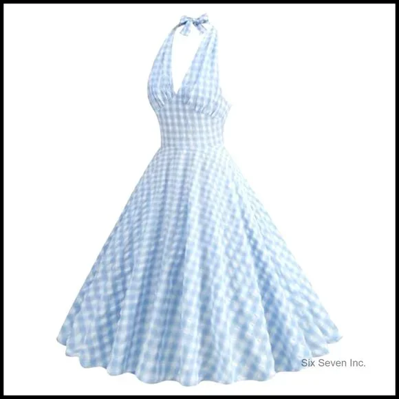 Vintage Plaid Swing Dress Halter Backless Midi Formal Cocktail - Picture 3 of 6